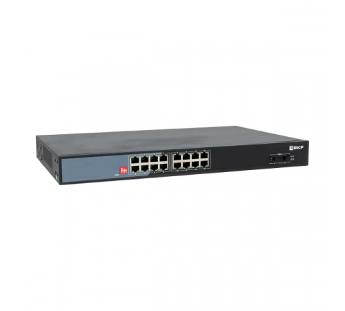 Промышленный неуправляемый коммутатор U-2GX/SFP-16GTP-R, 2 порта 1000Base-X SFP, 16 портов 10/100/1000Base-T(X) RJ45 c PoE, монтаж в 19" стойку TSX EKF