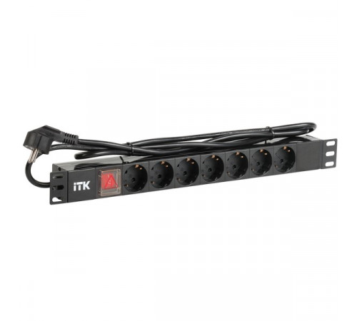 PH12-7D1 ITK PDU 7 розеток нем. стандарт, с LED выключателем,1U, шнур 2м вилка нем. стандарт, алюминиевый профиль